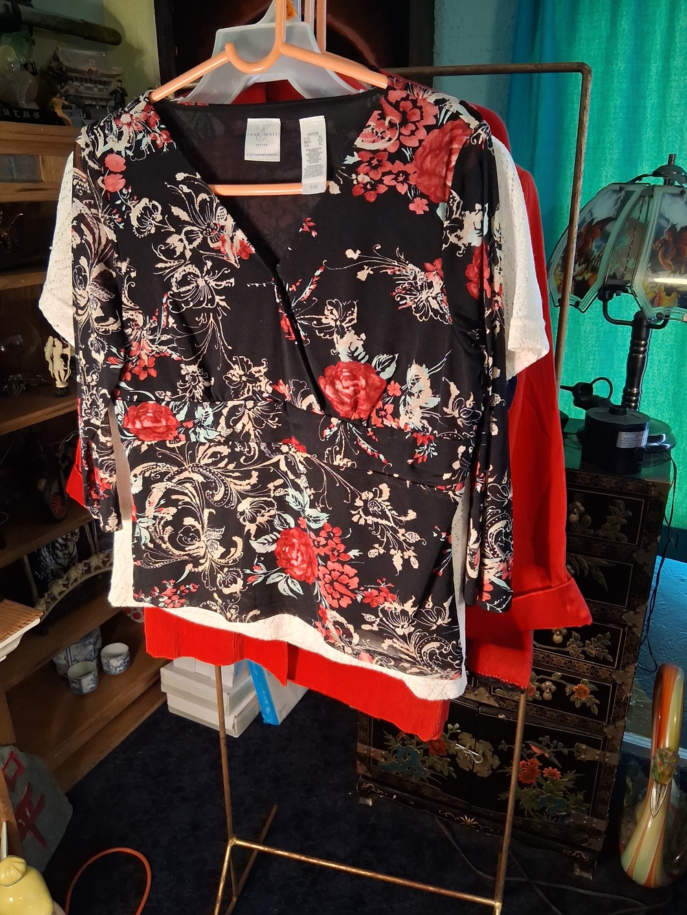 Emma James Black Floral Wrap-Style Blouse with Red Accents